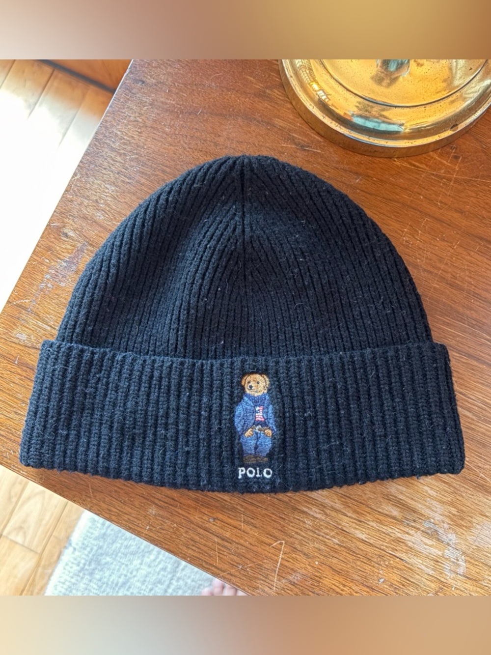 POLO RALPH LAUREN Black Denim Bear Applique Ribbed Wool Blend Beanie One Size